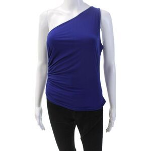 Omo Womens One Shoulder Ruched Sleeveless Tank Top Solid Blue Size M